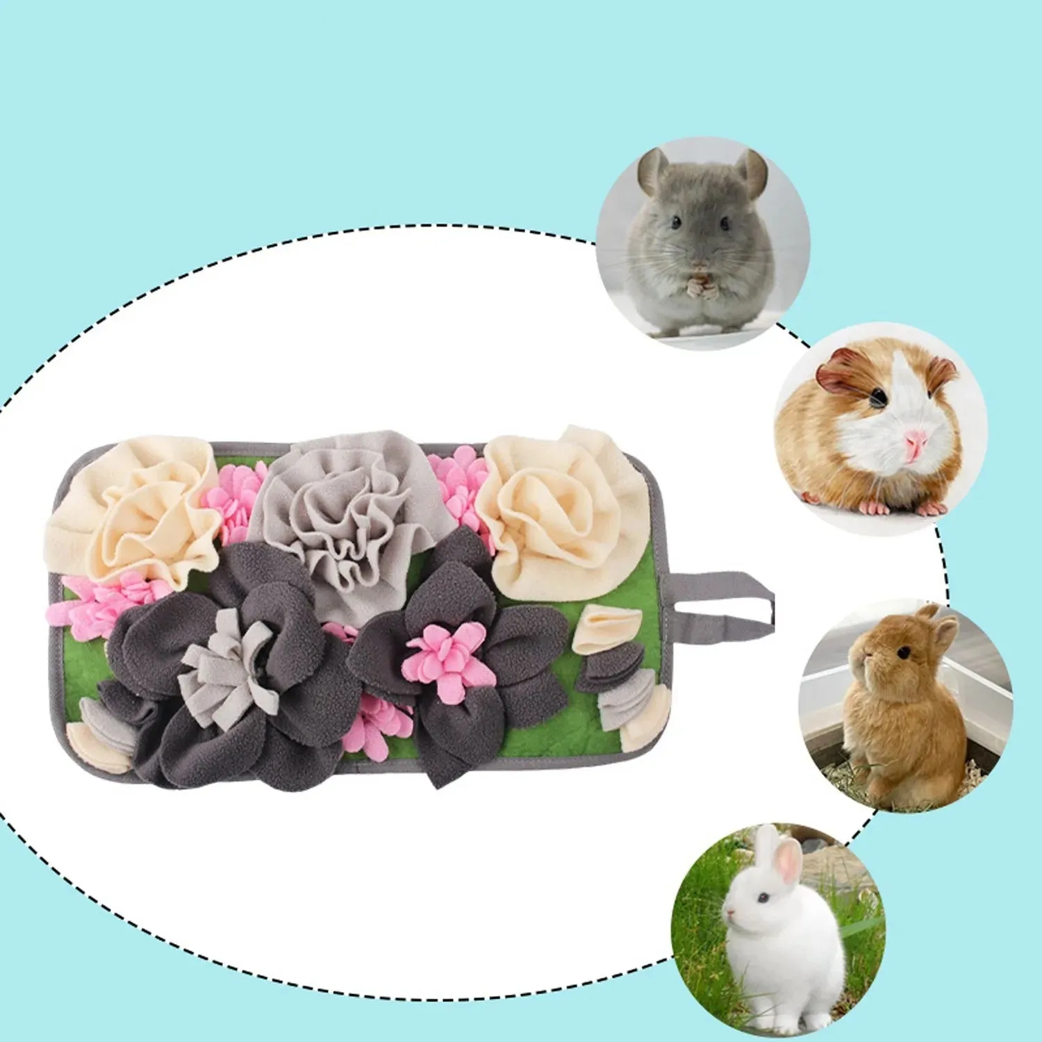 Grey square Totoro garden foraging mat for rabbits and guinea pigs showing four-sided design