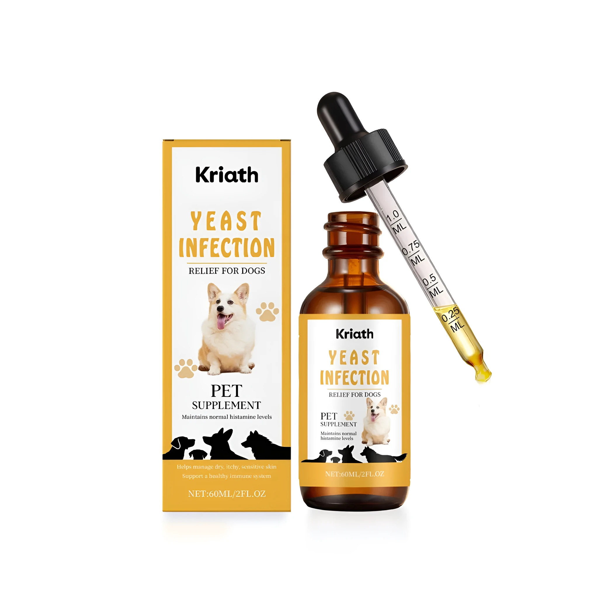 60ml bottle of dog skin support drops with Hypericum japonicum and herbal extracts for canine coat wellness
