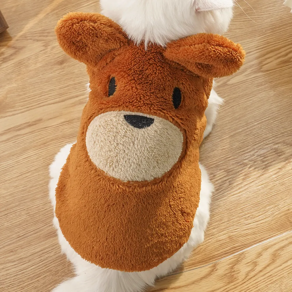 Fleece-lined warm dog clothes in cream with brown bear ears on a small dog