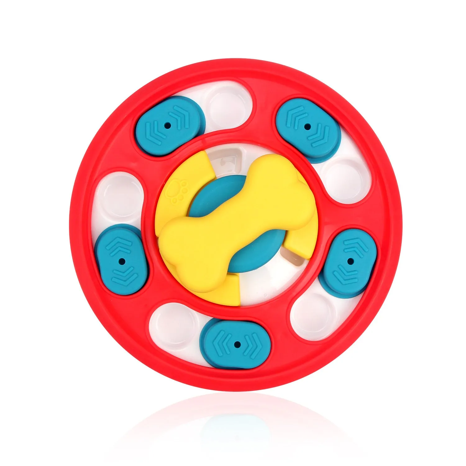 Leak-proof plastic dog feeding puzzle spinner toy in blue on a light background