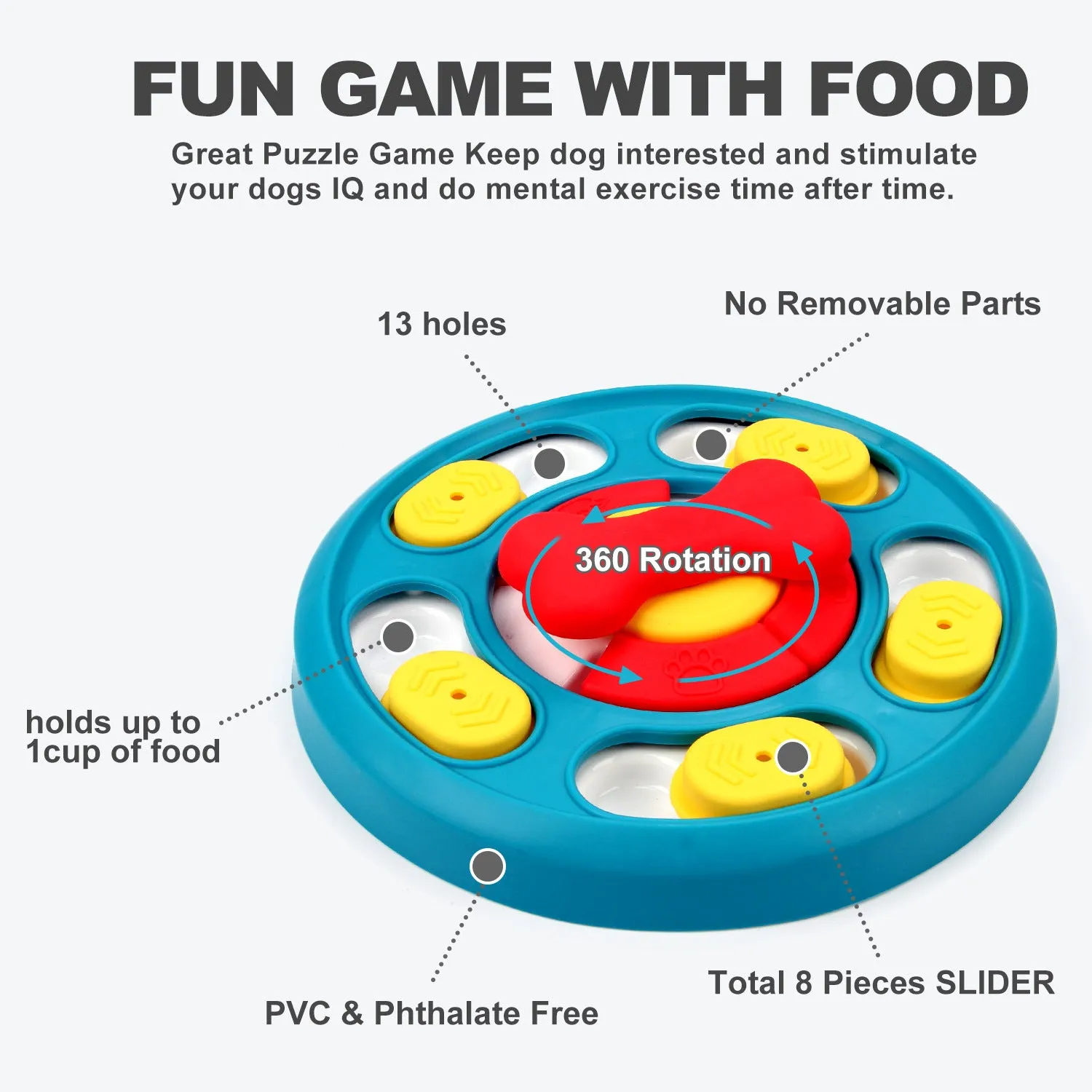 Leak-proof plastic dog feeding puzzle spinner toy in blue on a light background