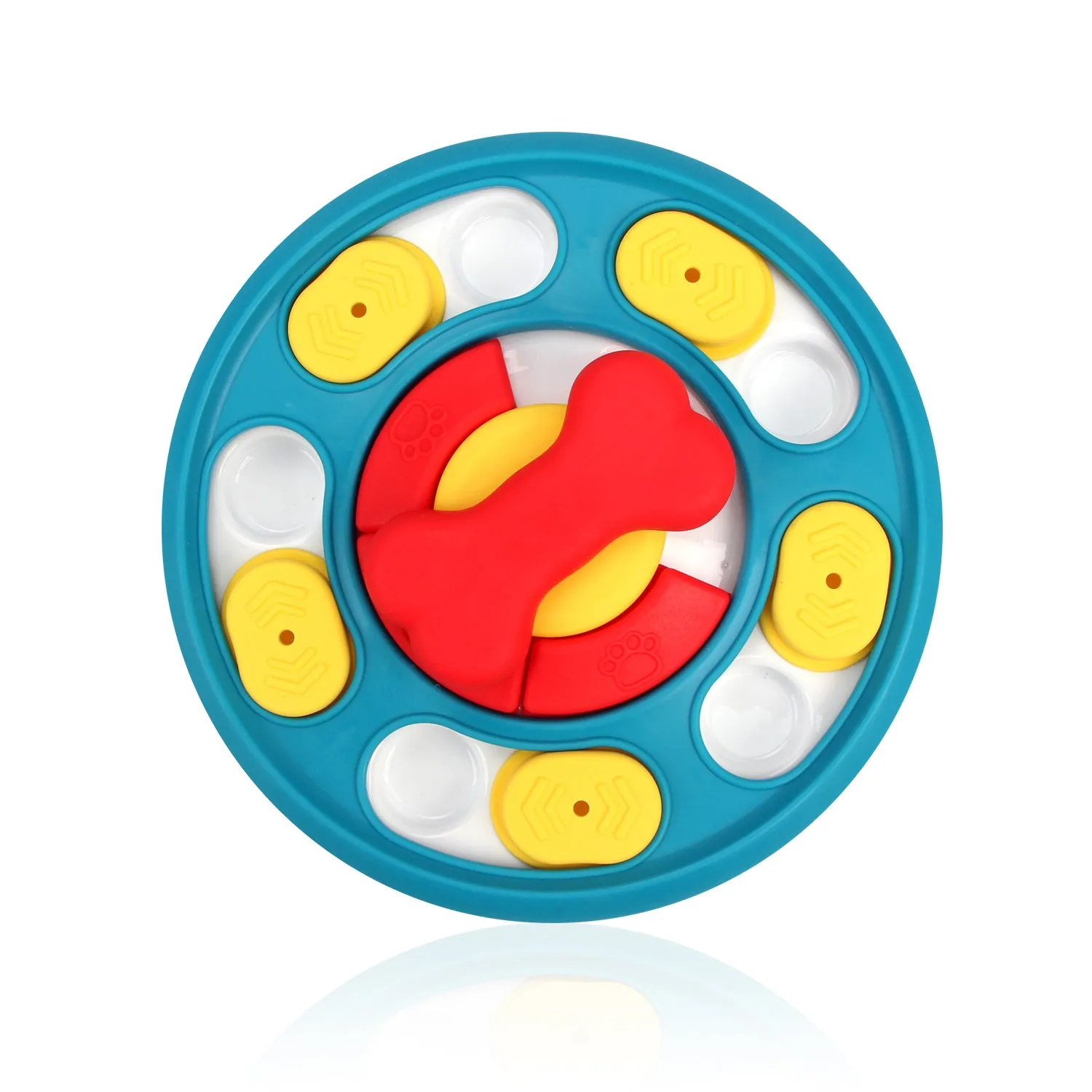 Leak-proof plastic dog feeding puzzle spinner toy in blue on a light background