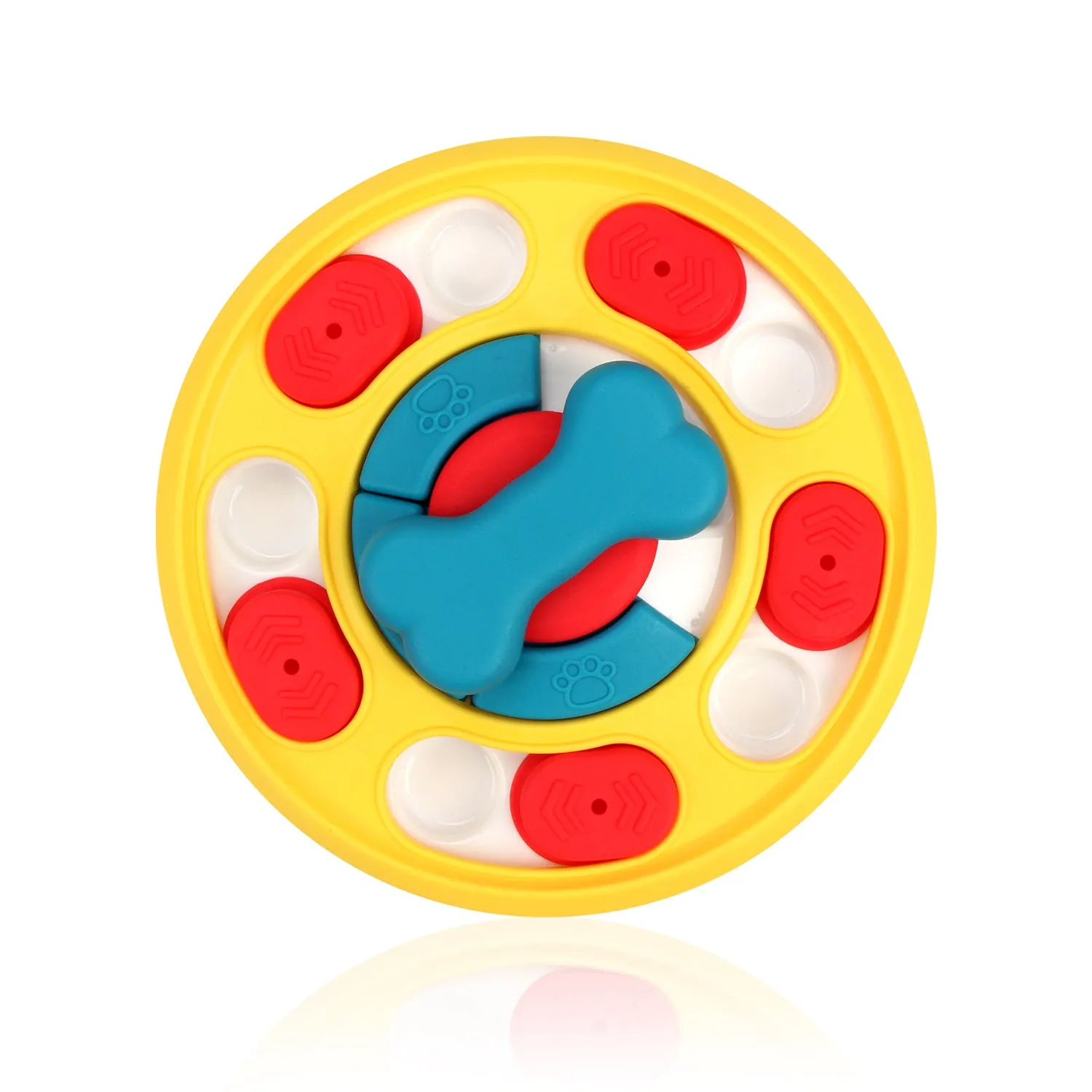Leak-proof plastic dog feeding puzzle spinner toy in blue on a light background