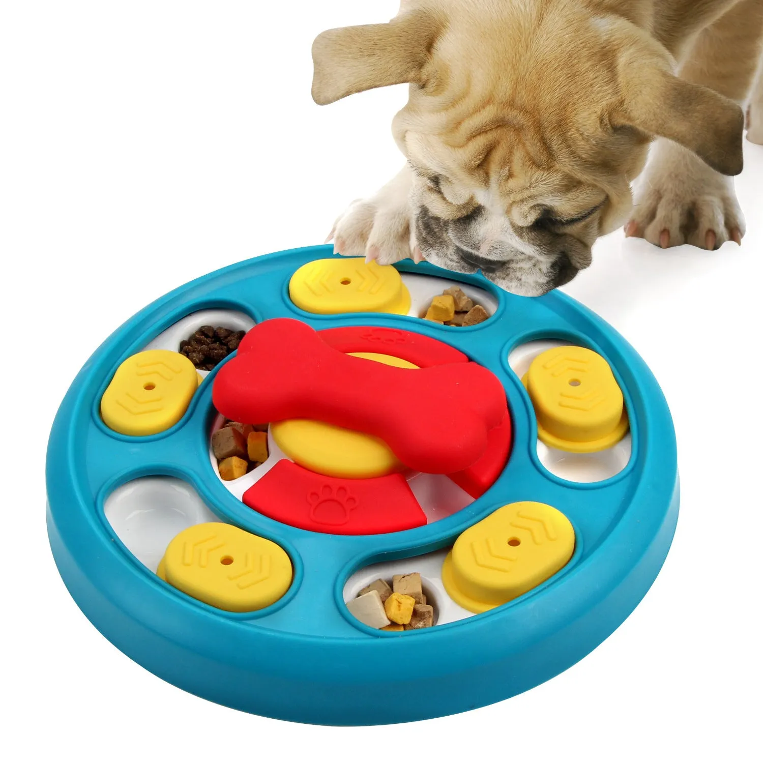 Leak-proof plastic dog feeding puzzle spinner toy in blue on a light background