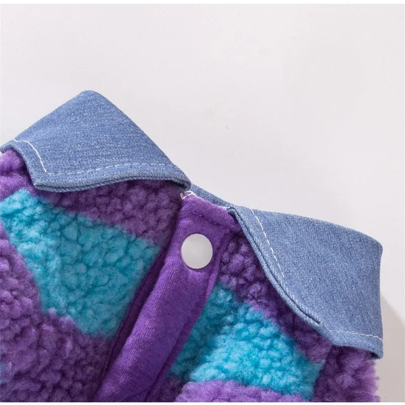 Thick warm winter sweater with leash hole for small dog or cat, striped lamb wool denim, available in black blue and pink