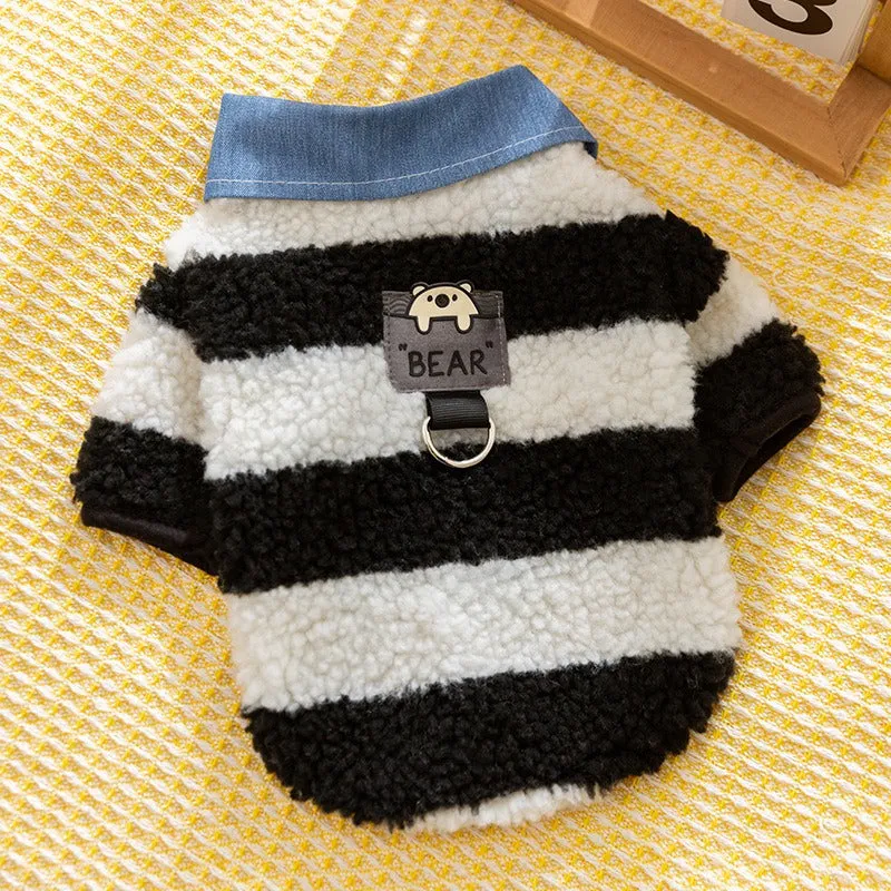 Thick warm winter sweater with leash hole for small dog or cat, striped lamb wool denim, available in black blue and pink