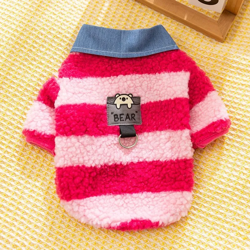 Thick warm winter sweater with leash hole for small dog or cat, striped lamb wool denim, available in black blue and pink