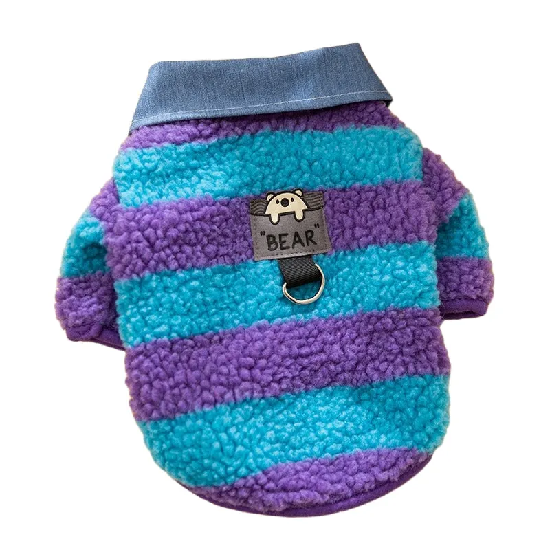 Thick warm winter sweater with leash hole for small dog or cat, striped lamb wool denim, available in black blue and pink