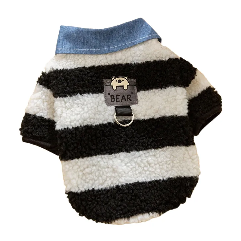 Thick warm winter sweater with leash hole for small dog or cat, striped lamb wool denim, available in black blue and pink