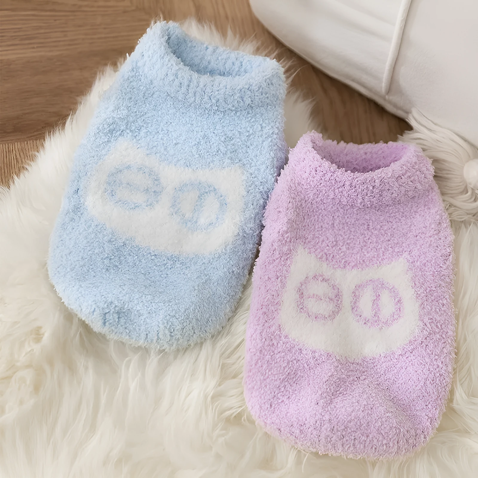 Cute blue and purple owl pattern pet sweater on a small cat or dog for winter