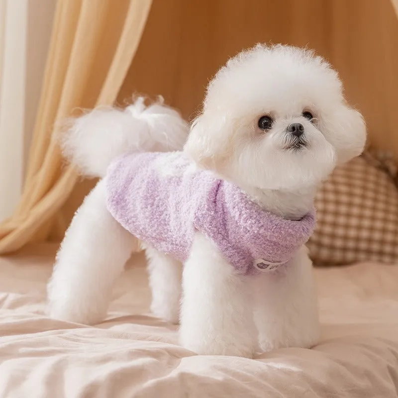 Cute blue and purple owl pattern pet sweater on a small cat or dog for winter
