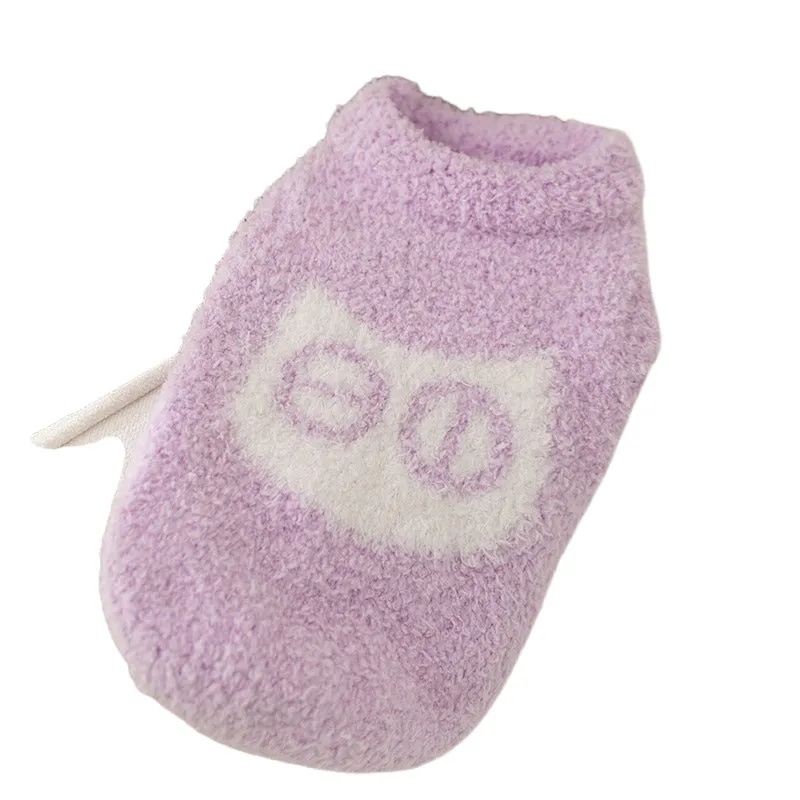 Cute blue and purple owl pattern pet sweater on a small cat or dog for winter