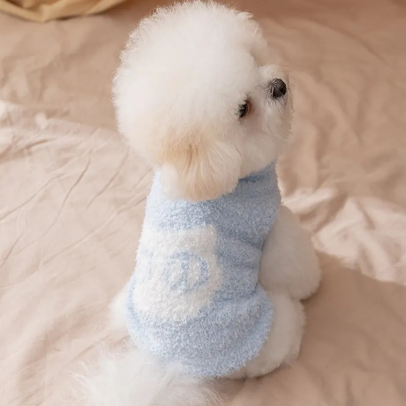 Cute blue and purple owl pattern pet sweater on a small cat or dog for winter