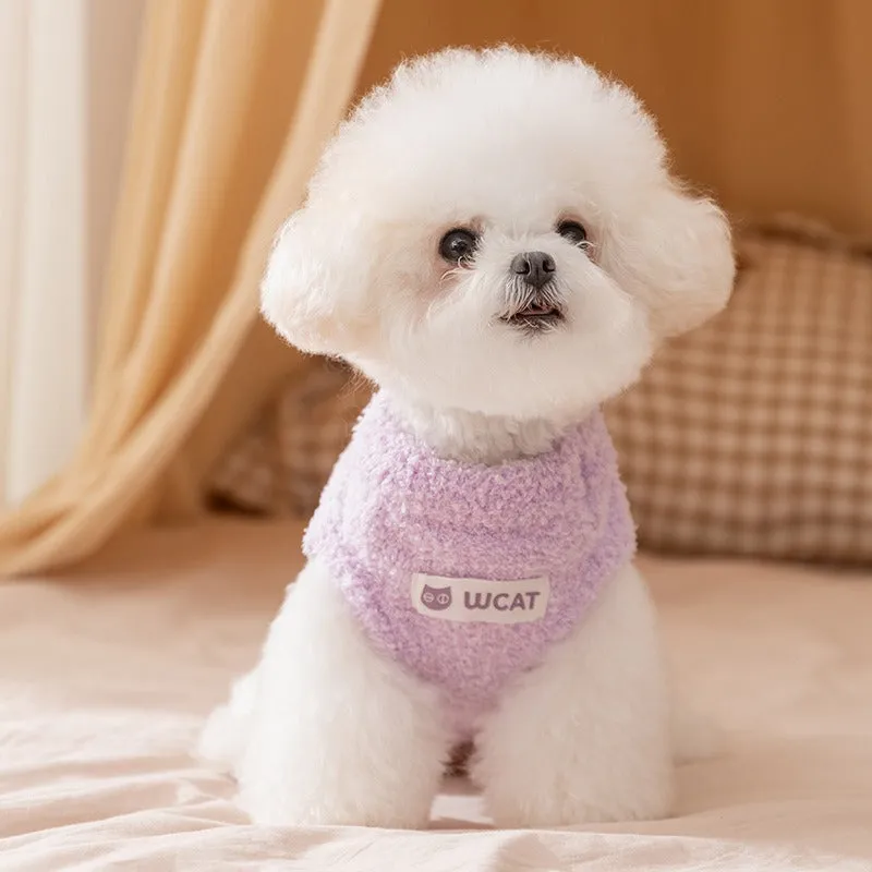 Cute blue and purple owl pattern pet sweater on a small cat or dog for winter