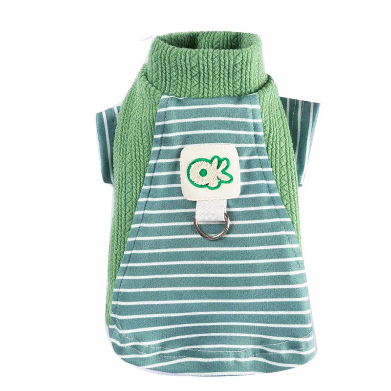 Cute striped dog shirt with metal belt loop, green and blue-green stripes, on a small dog