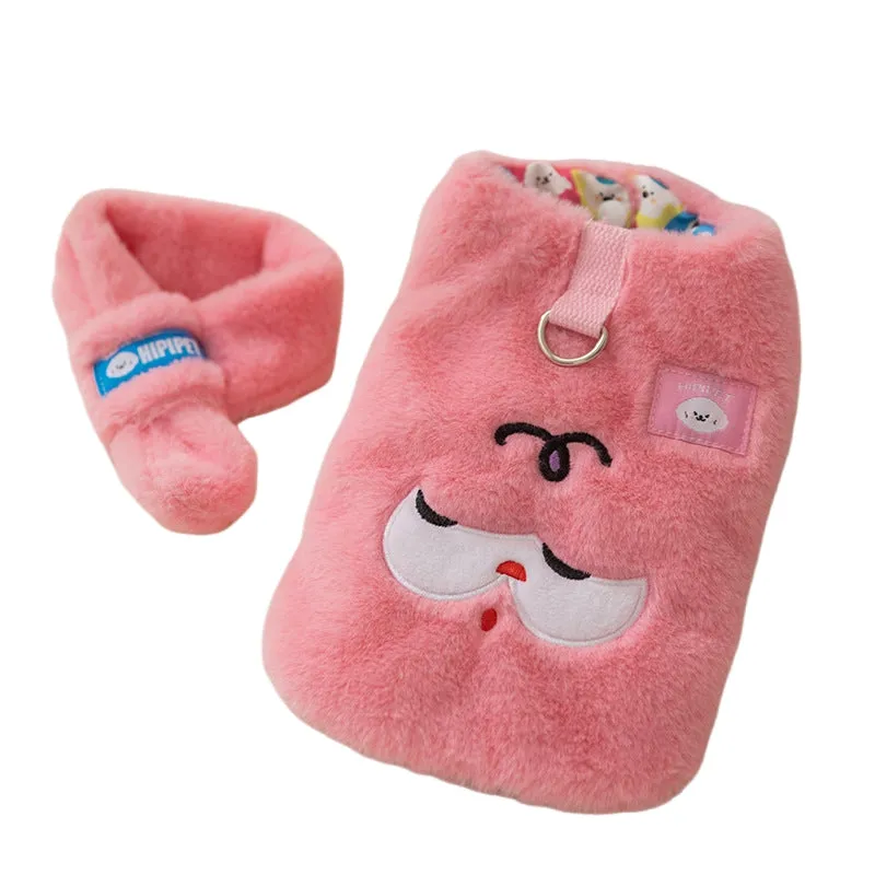 Autumn winter Korean pet hoodie with cute cartoon bear design and scarf in pink, shown on small dog