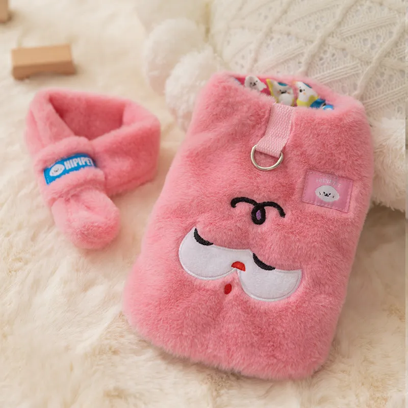 Autumn winter Korean pet hoodie with cute cartoon bear design and scarf in pink, shown on small dog