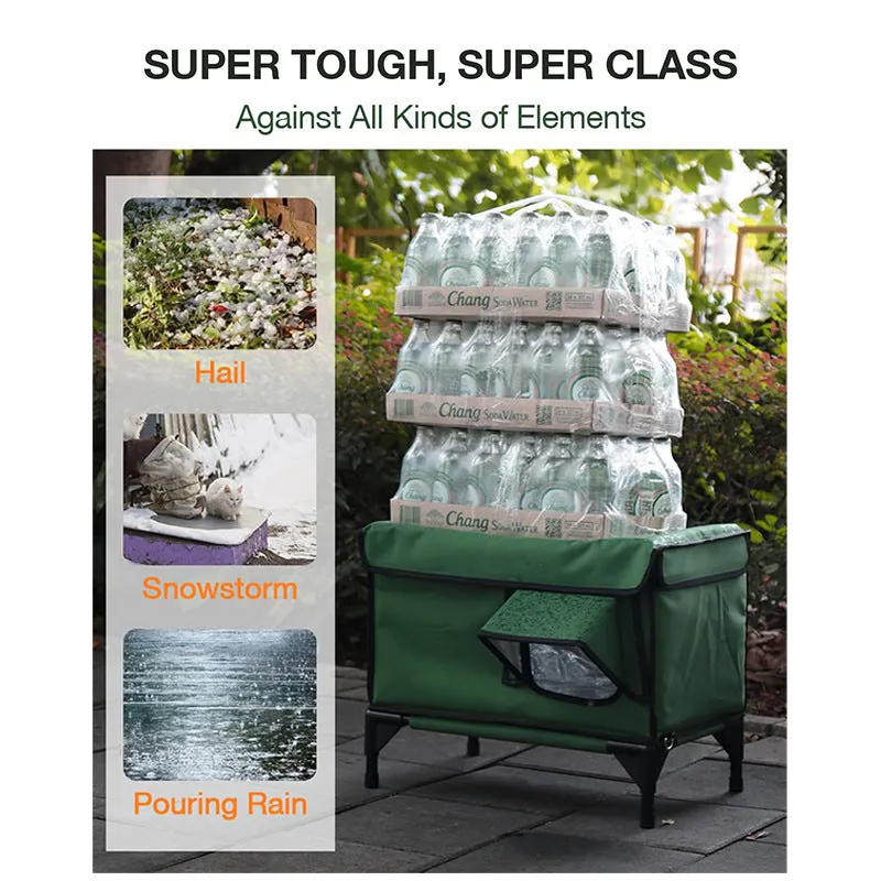 Green outdoor heated insulated foldable cat house made of 900D PVC with charger, available in S M L sizes