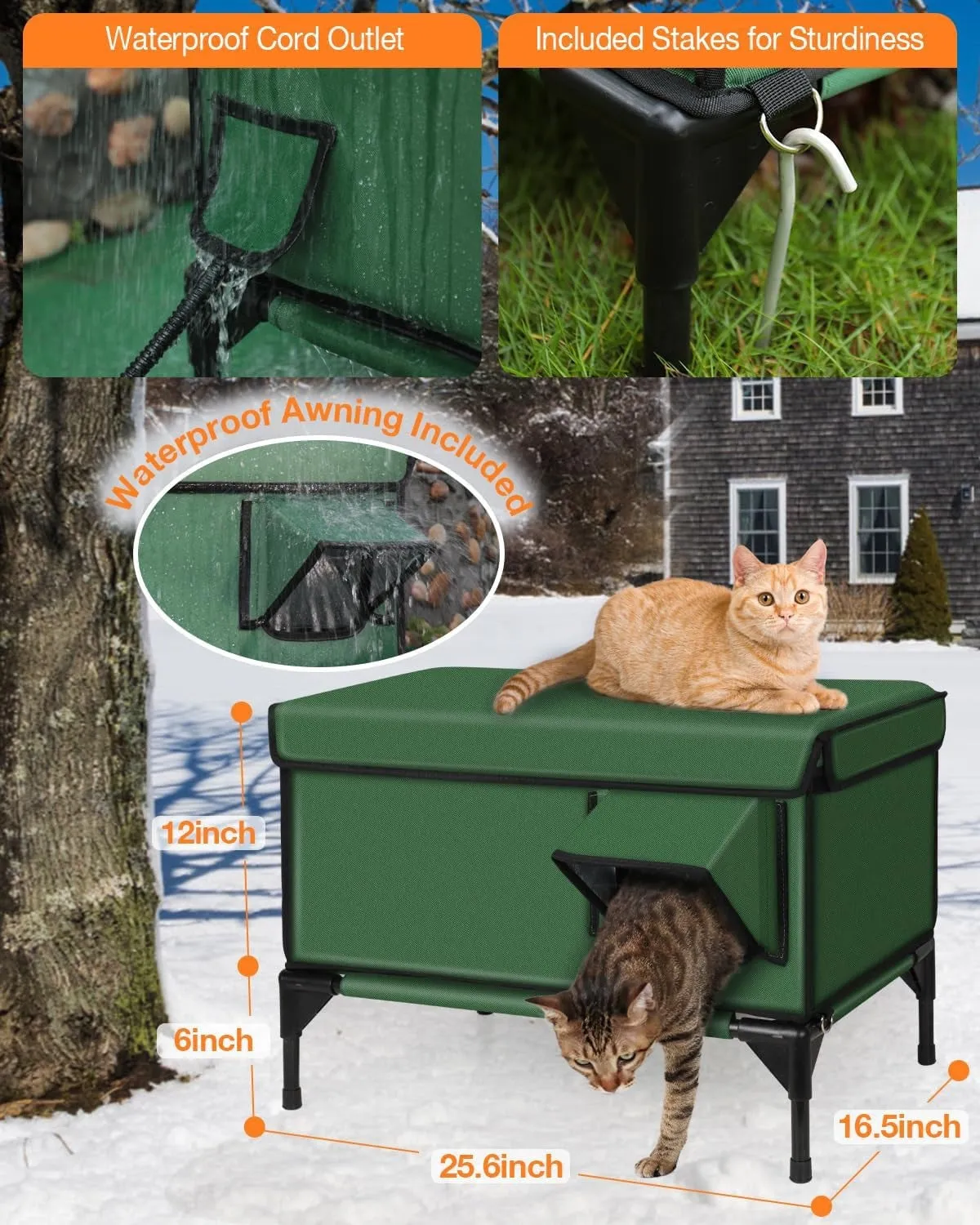Green outdoor heated insulated foldable cat house made of 900D PVC with charger, available in S M L sizes