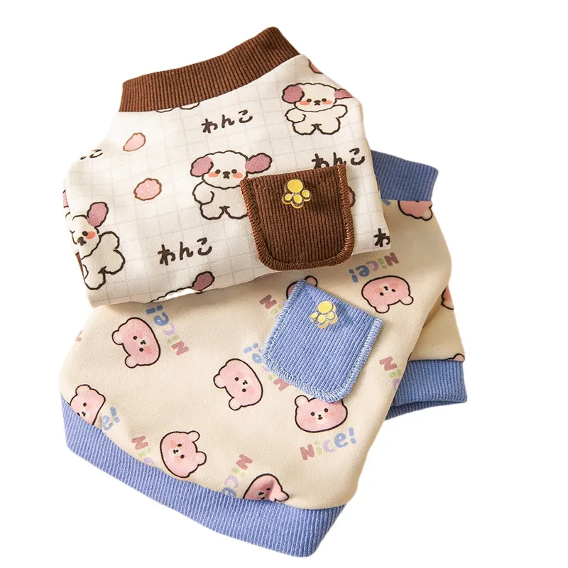 Pet clothing with warm pockets, soft velvet, blue colour, on a small dog or cat, bear home wear style