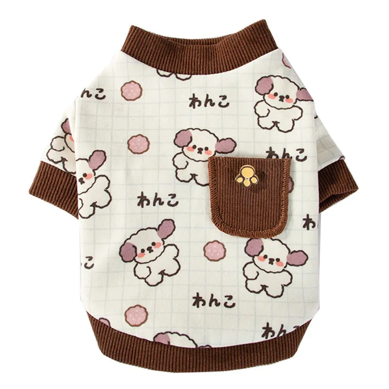 Pet clothing with warm pockets, soft velvet, blue colour, on a small dog or cat, bear home wear style