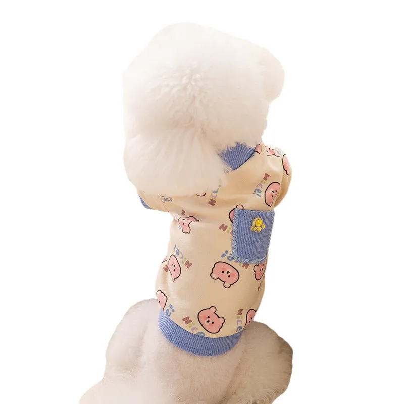 Pet clothing with warm pockets, soft velvet, blue colour, on a small dog or cat, bear home wear style