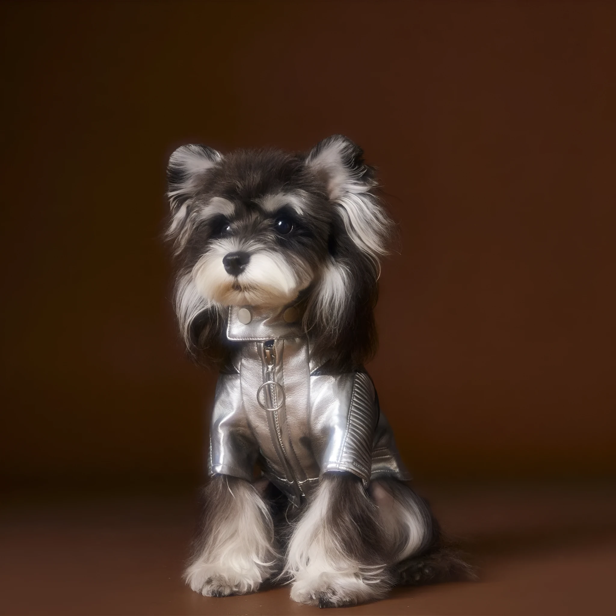 Distressed silver PU and viscose pet coat for small to medium dogs, available in sizes XS to XXL