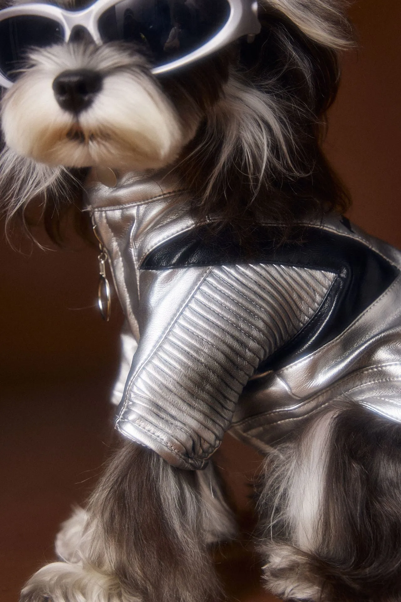 Distressed silver PU and viscose pet coat for small to medium dogs, available in sizes XS to XXL
