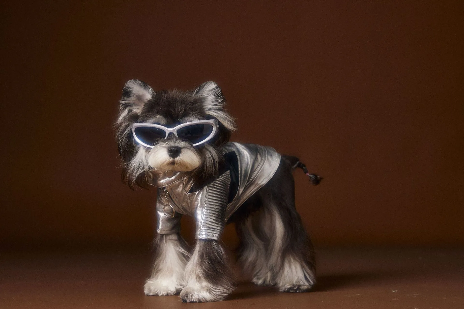 Distressed silver PU and viscose pet coat for small to medium dogs, available in sizes XS to XXL