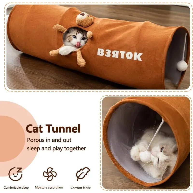 Collapsible cat tunnel with plush ball in brown or grey, showing foldable steel wire frame and suede fabric