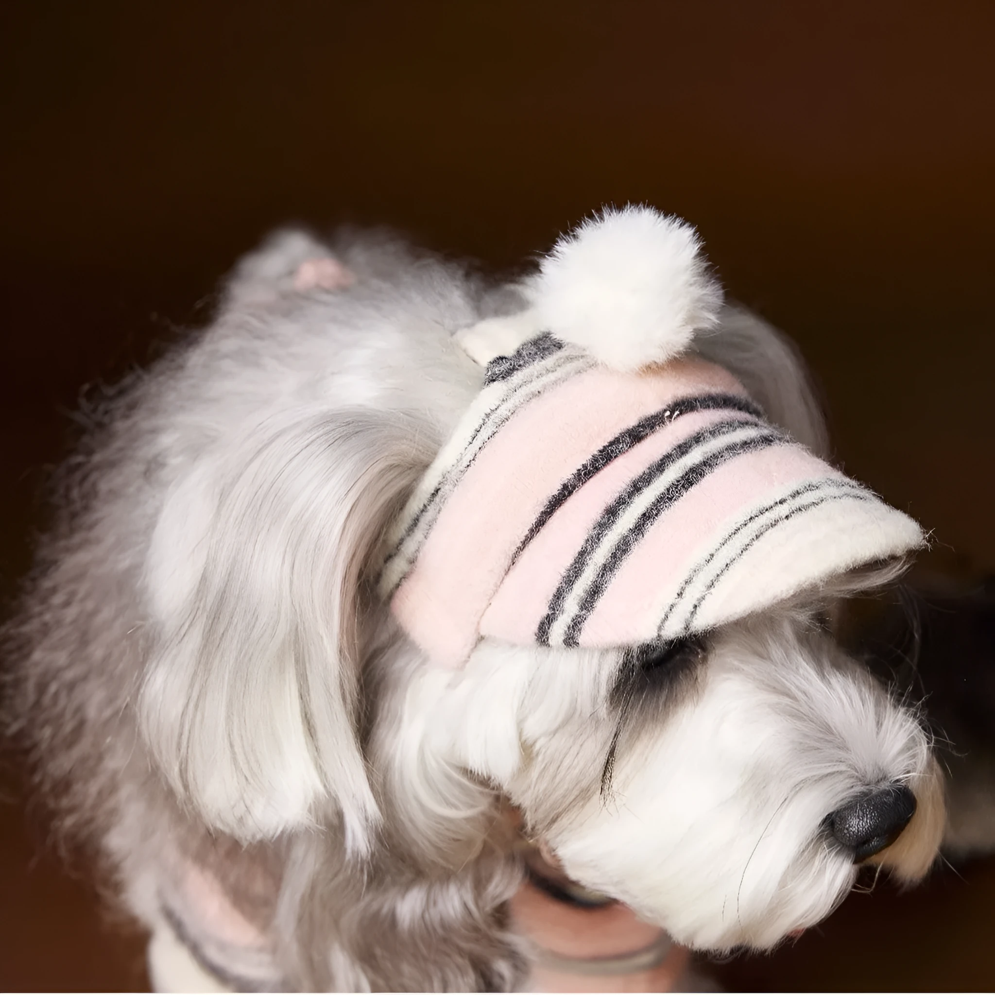 Striped fur ball acrylic dog hat in pink and coffee colours on display showing side view
