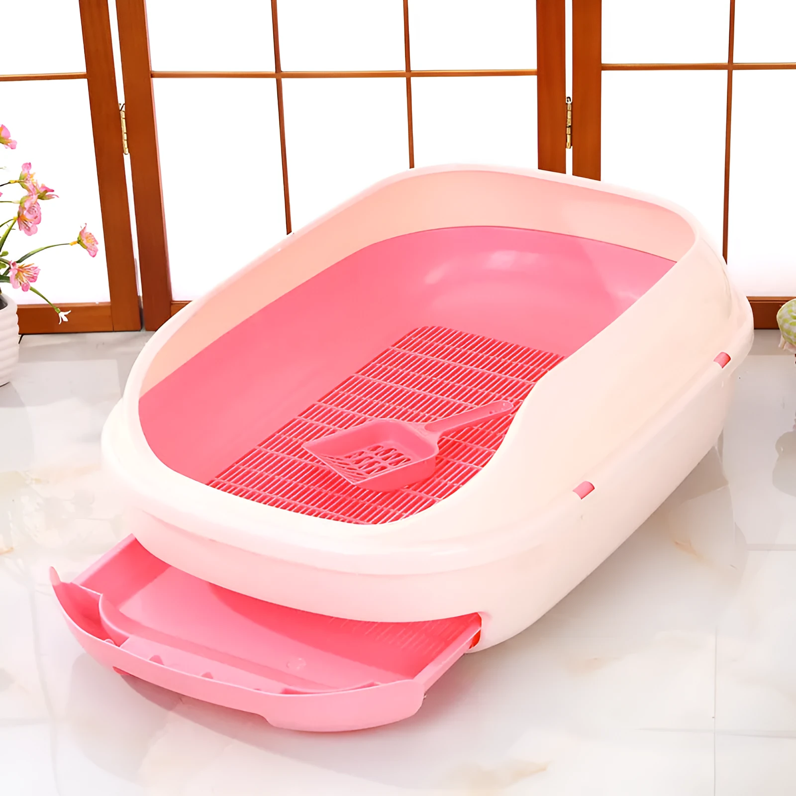 Semi-closed double layer cat litter box with grid drawer, large 51x40.5x20.5cm, gray colour