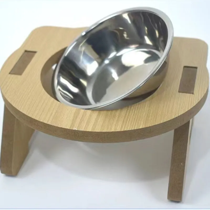 Wooden stand cat feeder with a stainless steel bowl for food and water