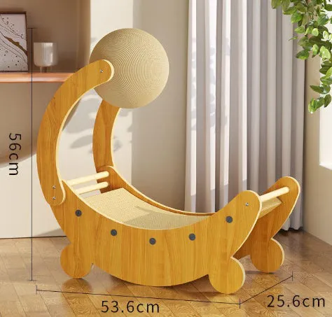 Large yellow moon boat shaped corrugated paper cat scratch board for claw trimming