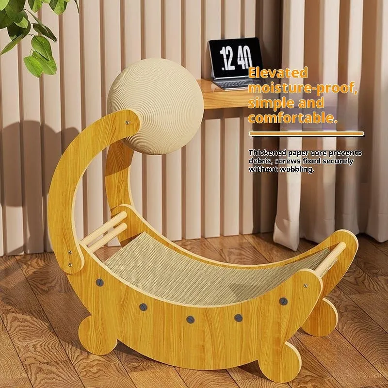 Large yellow moon boat shaped corrugated paper cat scratch board for claw trimming