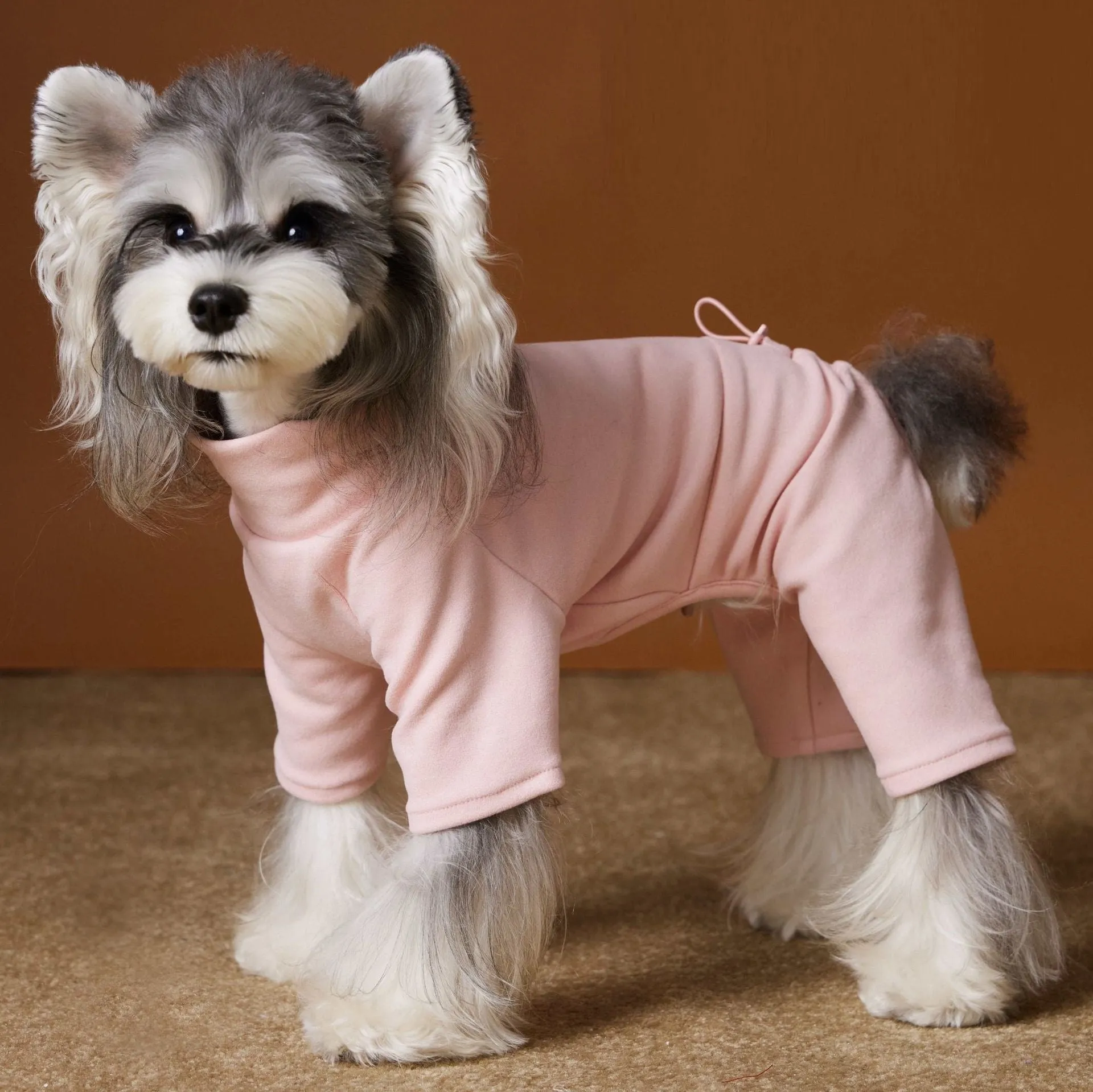 Blue polyester four-leg bottoming shirt for small dogs Schnauzer Bichon on a white background