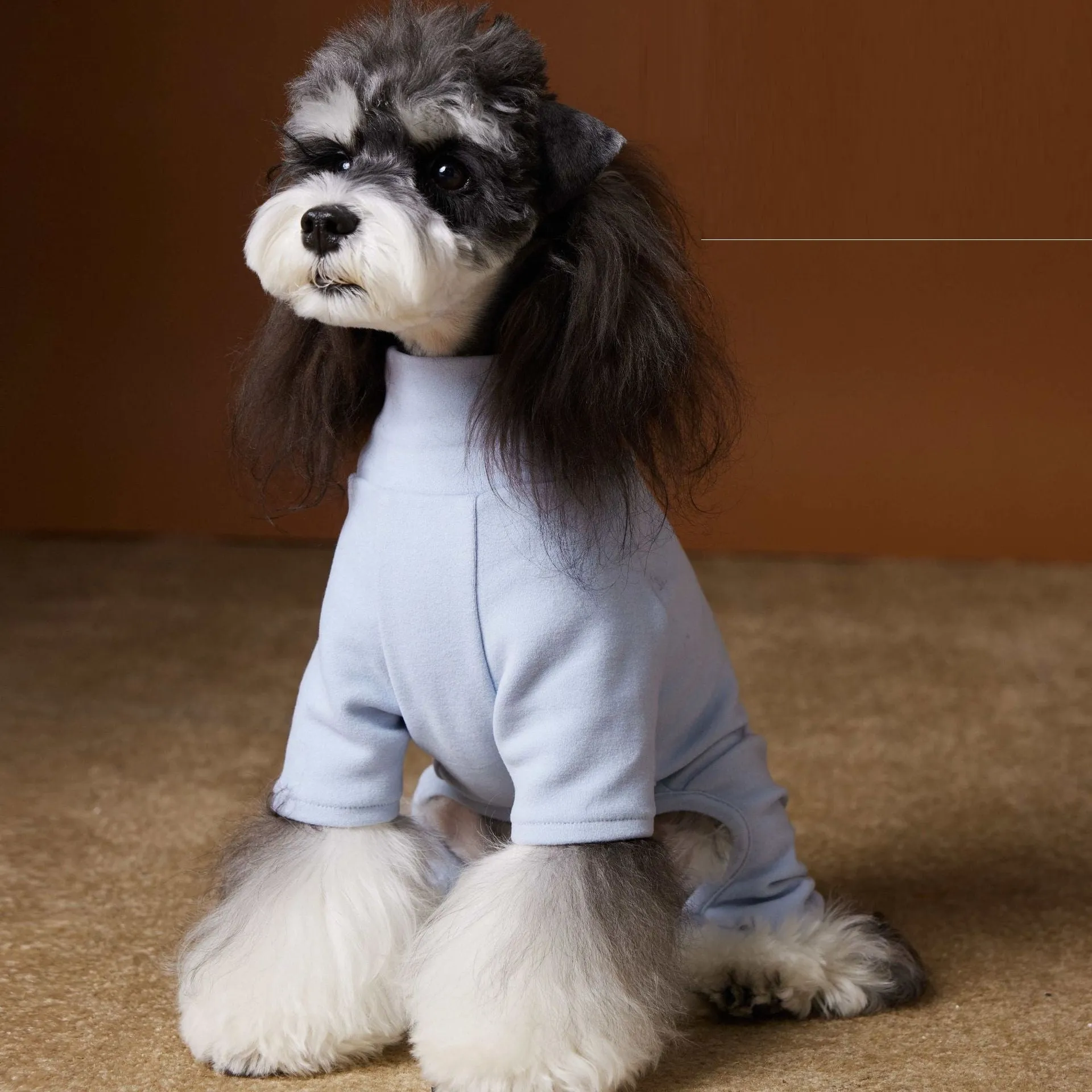Blue polyester four-leg bottoming shirt for small dogs Schnauzer Bichon on a white background