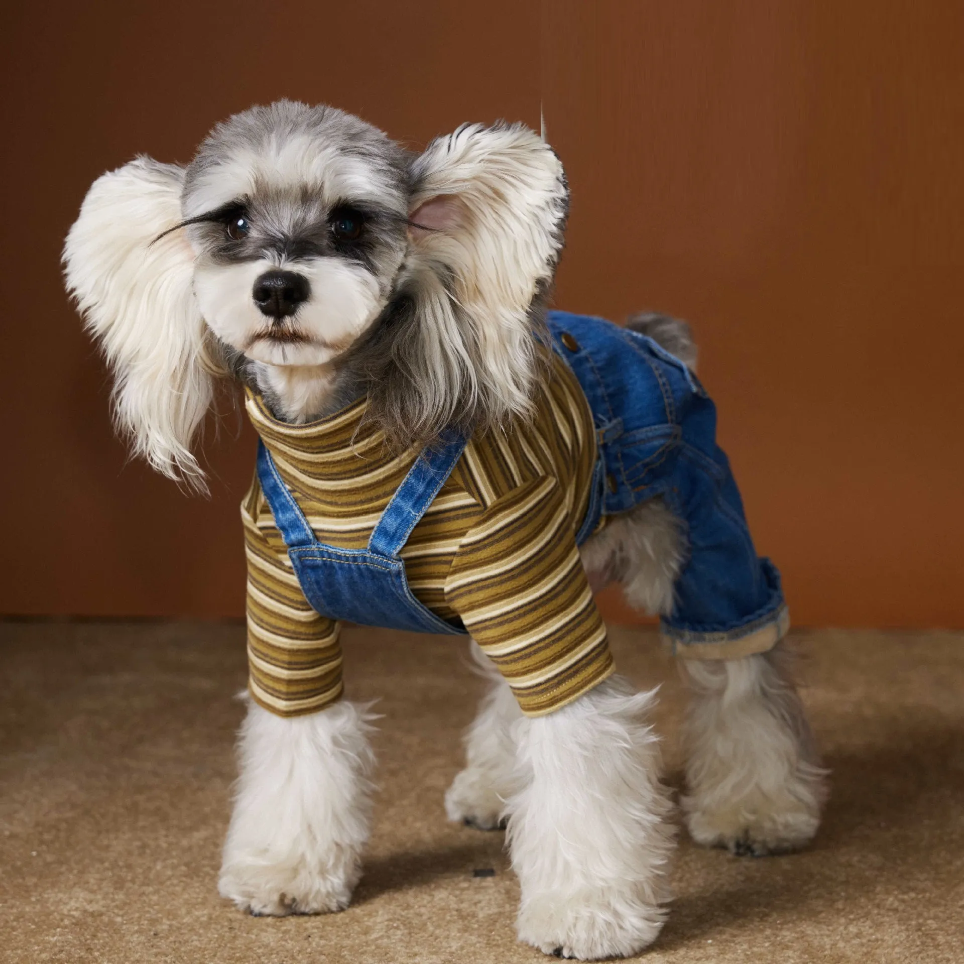 Denim blue fleece-lined thickened dog jeans for autumn winter pet wear with polar fleece interior