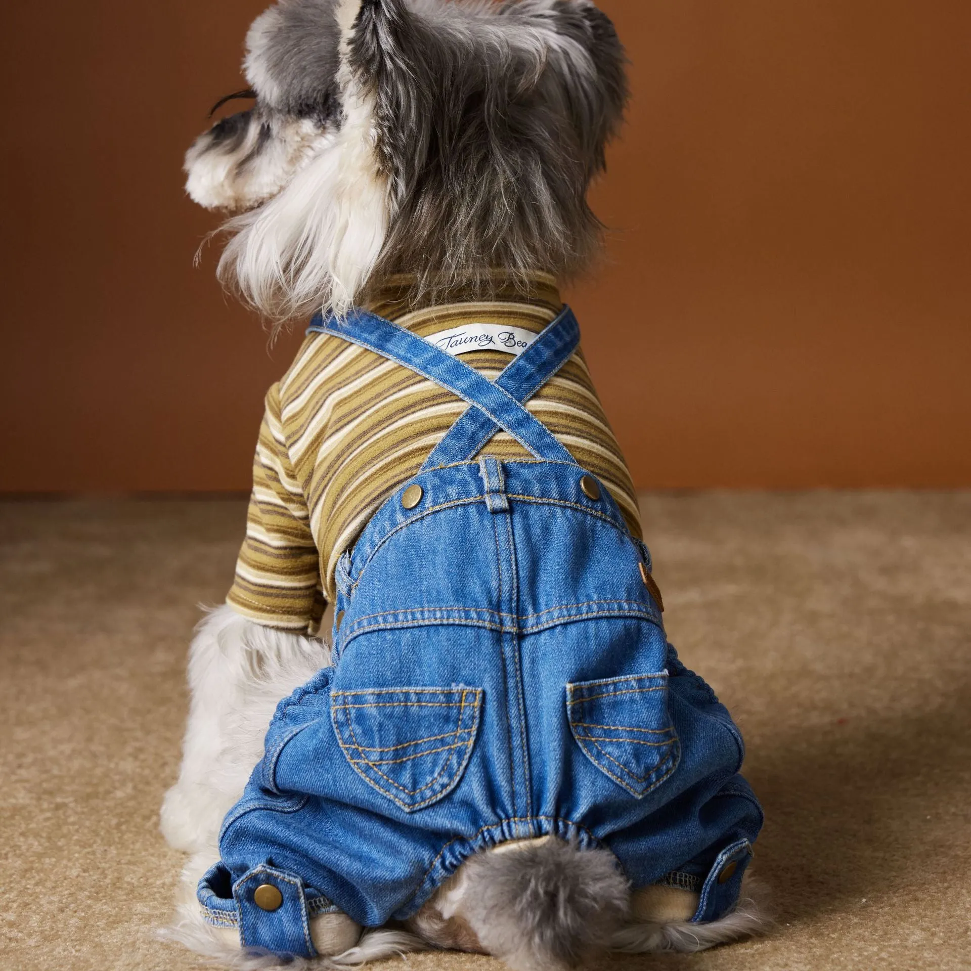 Denim blue fleece-lined thickened dog jeans for autumn winter pet wear with polar fleece interior