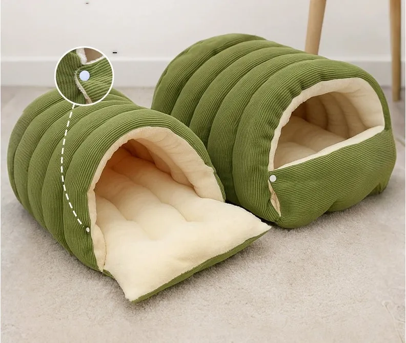 Light beige closed cat house with removable washable cover, PP cotton filling, winter warm pet sleeping nest, large size