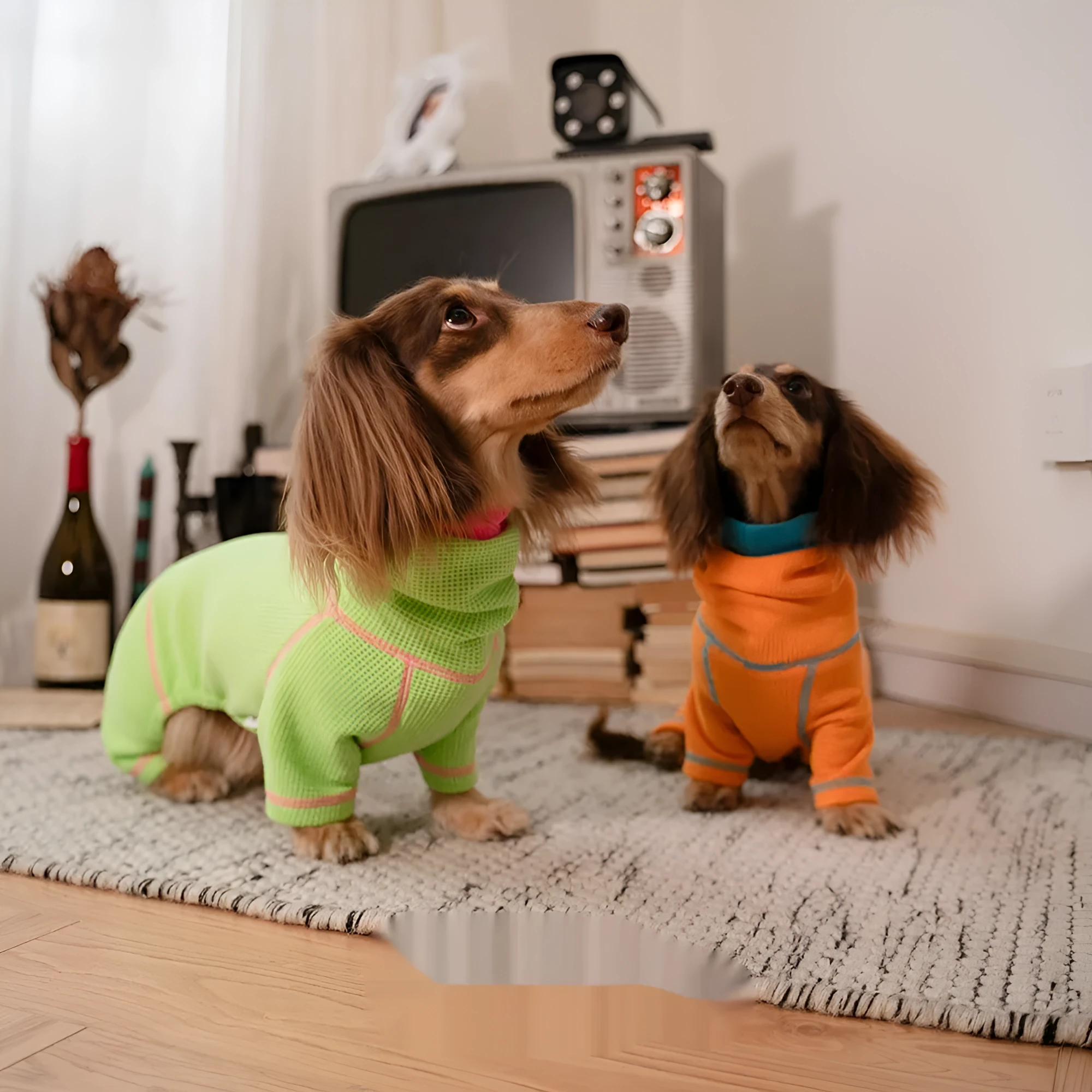 Waffle dachshund pullover in green, four-legged casual dog sweater on white background