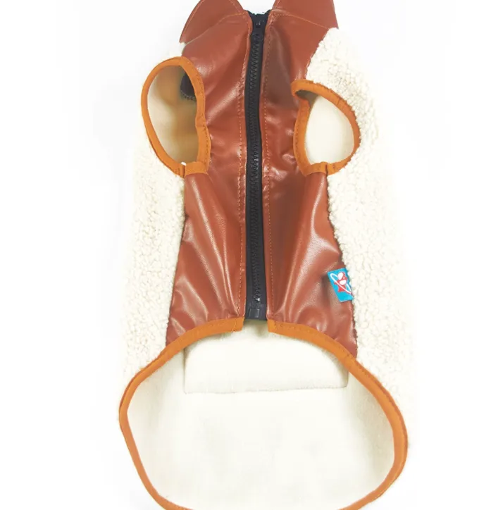 Dog or cat wearing a lambswool autumn winter coat with small leather pocket in black colour