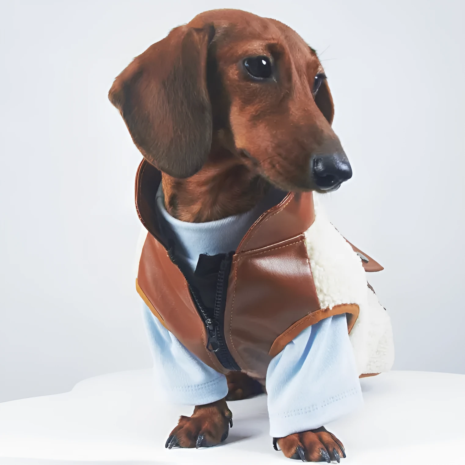 Dog or cat wearing a lambswool autumn winter coat with small leather pocket in black colour