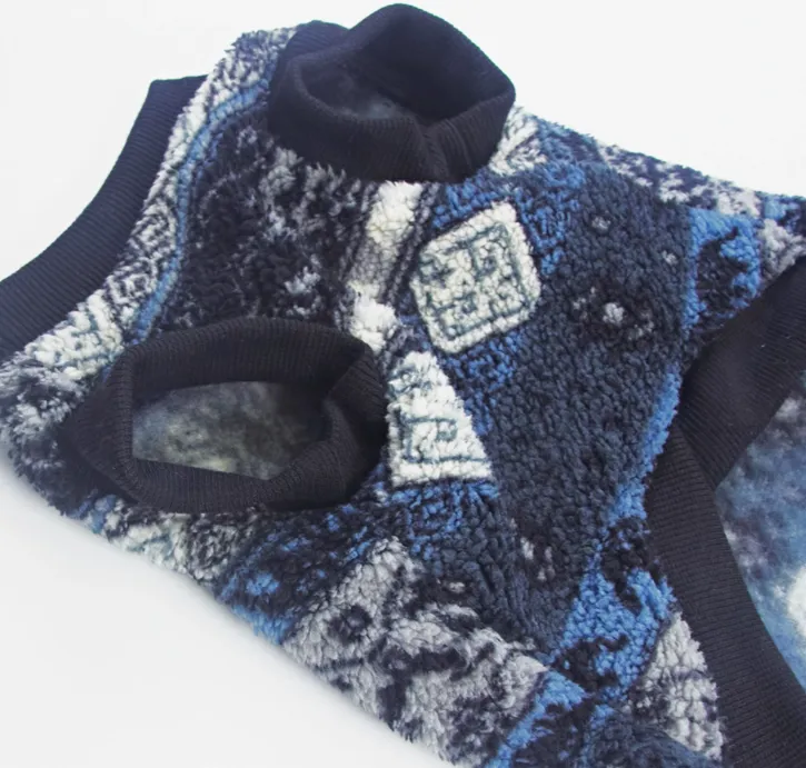Blue geometric pattern thick warm pet vest on small dog, autumn winter clothing