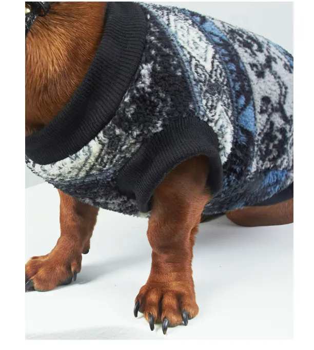 Blue geometric pattern thick warm pet vest on small dog, autumn winter clothing