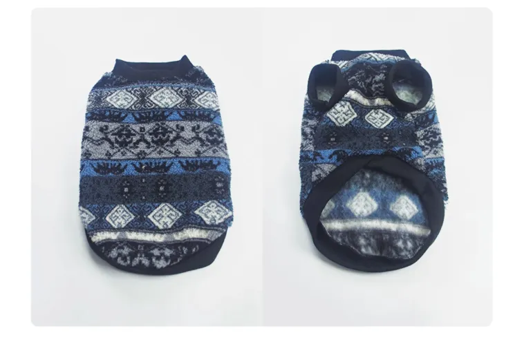 Blue geometric pattern thick warm pet vest on small dog, autumn winter clothing