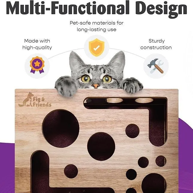 Solid wood square maze cat toy in natural wood colour on floor
