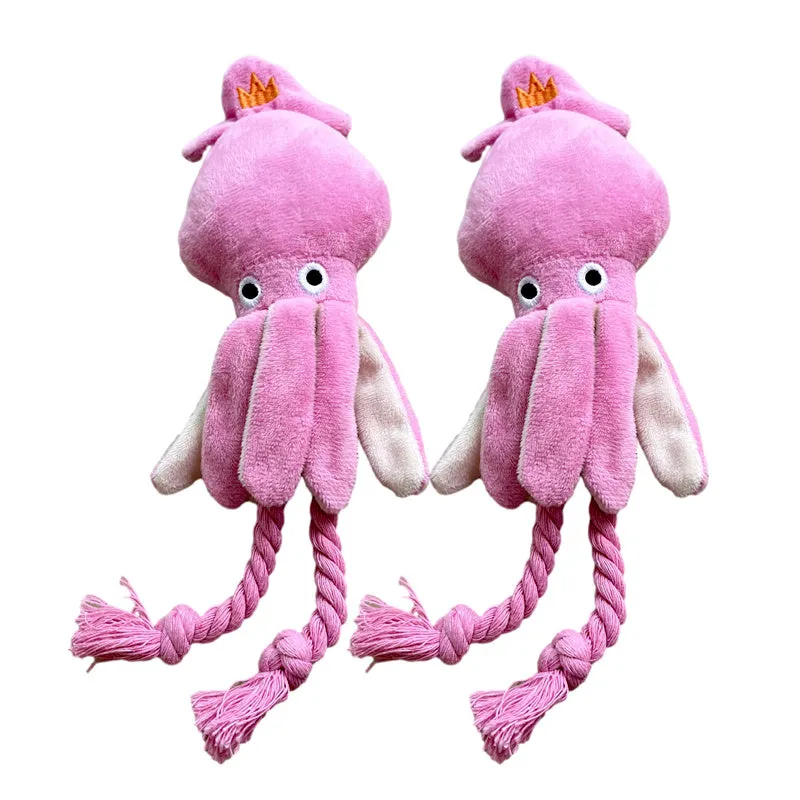 Pink squid-shaped plush dog toy with rope texture and a built-in squeaker.