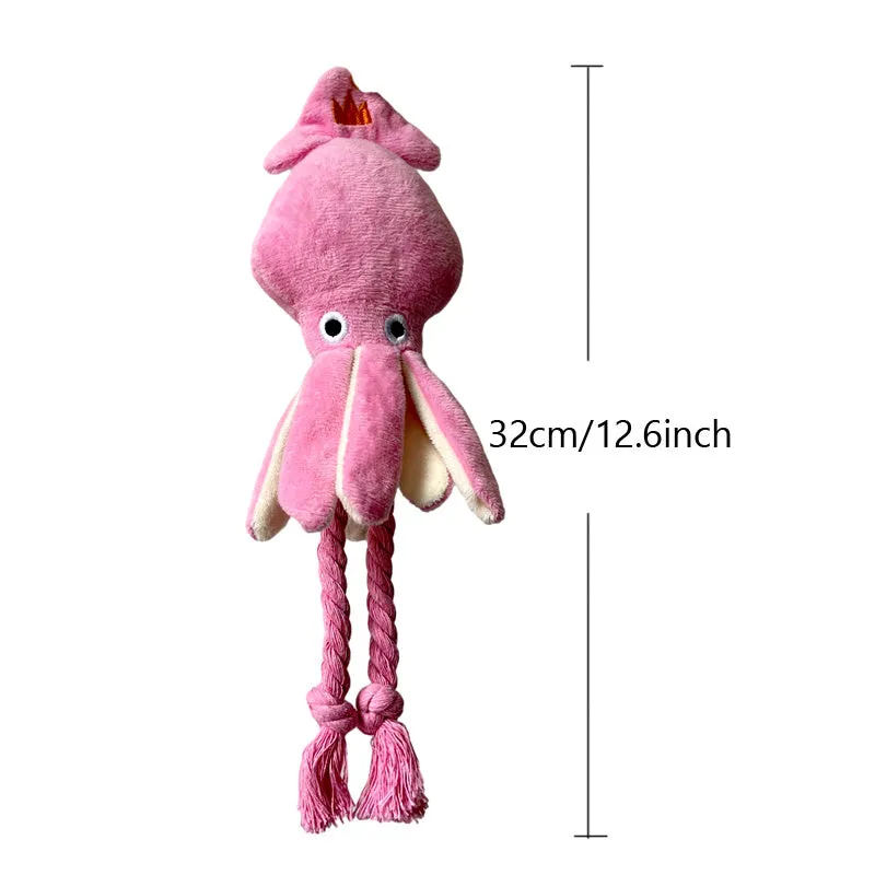 Pink squid-shaped plush dog toy with rope texture and a built-in squeaker.