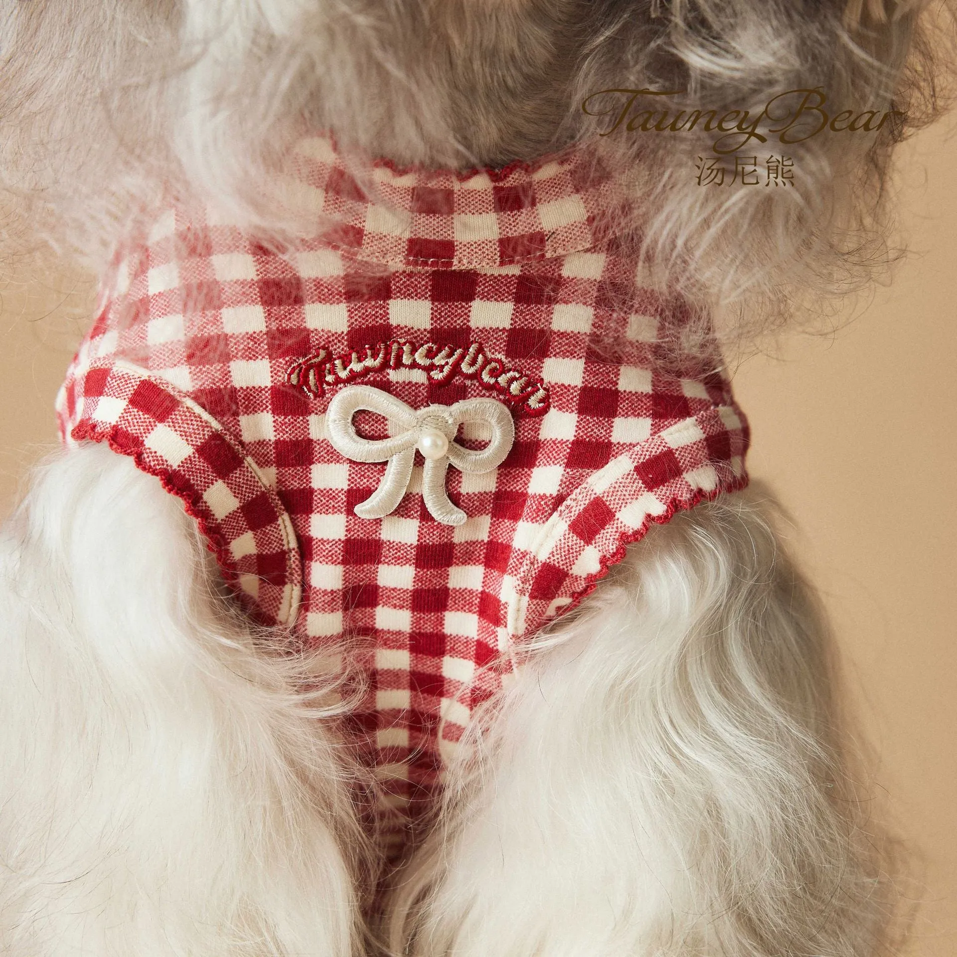 Red plaid sleeveless cotton spandex vest for small dogs on white background